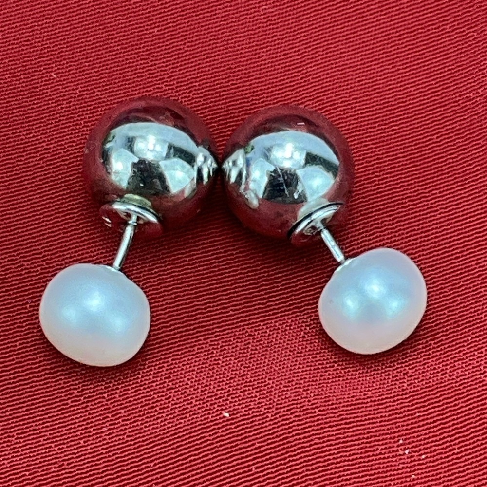 8mm Cultured Pearl Sterling Silver 925 Reversible Stud Earrings